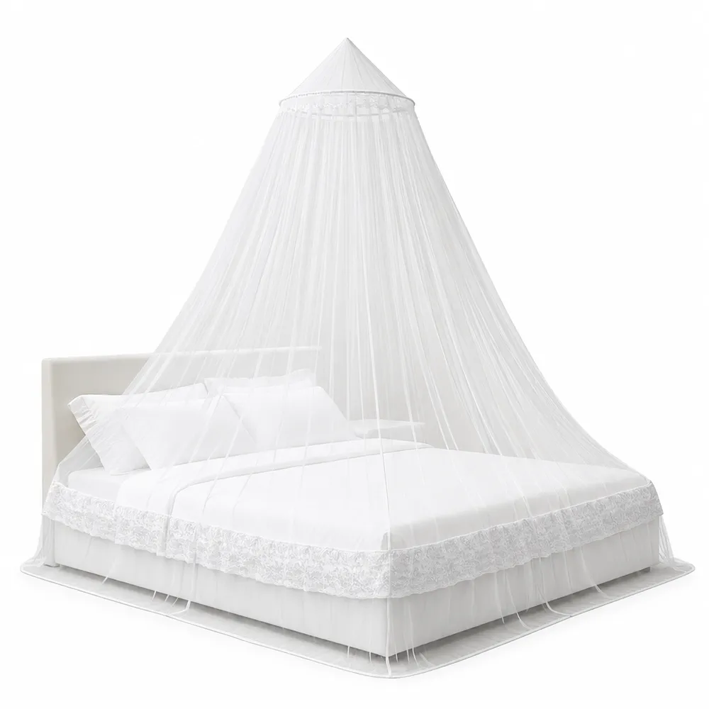 Softly lit bedroom with a NestHaven mosquito net ready for the night