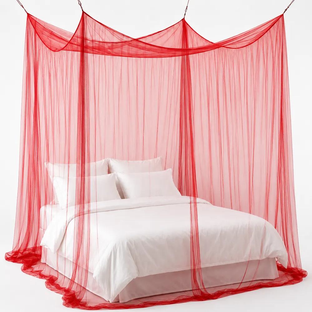 Canopy mosquito net in warm tones softly draped around a bed